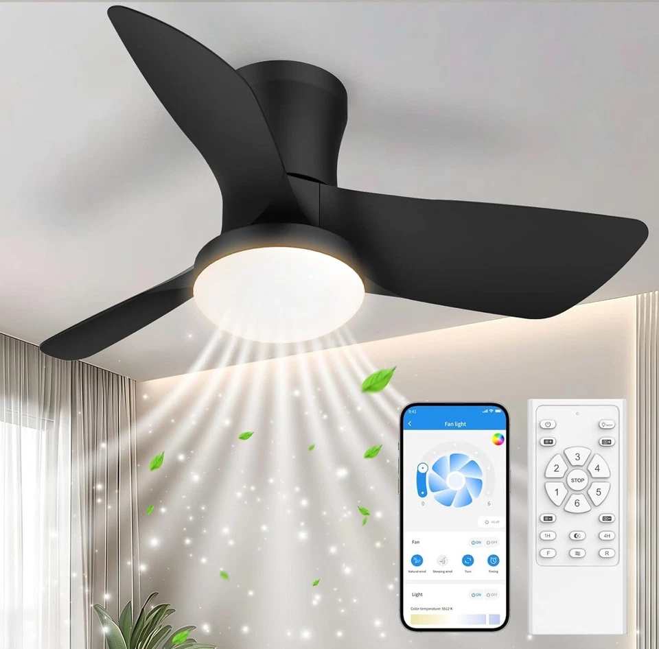 Ceiling Fan with Light 30 Inch Low Profile Remote Control APP Dimmable 6 Speeds - Image 1 of 4