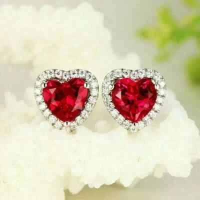 3CT Heart Lab Created Ruby Diamond Women Halo Stud Earring 14K White Gold Plated - Image 1 of 4