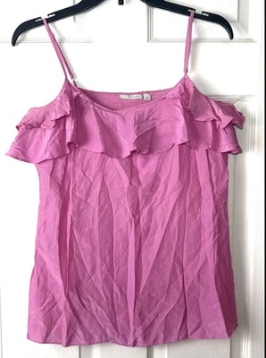 Ruffled Camisole Top Womens XS Barbie Pink Strappy Silk Blend Dainty Lolita Chic - Image 1 of 4