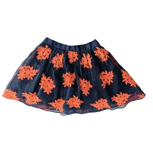 Anthropologie Maeve Pome Blossom Full Skirt Size 10 Navy Coral Embroidered Tulle - Picture 1 of 11