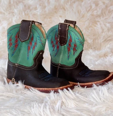 Botas de caubói Roper Cowbabies infantis tamanho 2 marrom relâmpago/couro turquesa T2 - Imagem 1 de 4