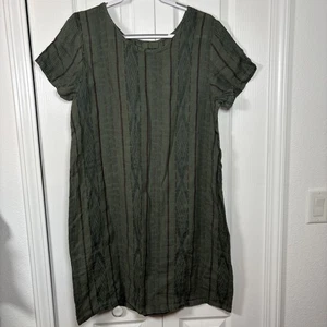 CP Shades Linen Dress L Olive Green Aztec Stripe Short Sleeve Knee Length Shift - Picture 1 of 10
