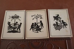 tres grandes tarjetas de artista antiguas - siluetas niños en la danza real - Imagen 1 de 2