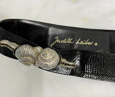 Judith Leiber Pave Crystal Bejeweled Snail Black Woman’s Leather Belt - Image 1 of 4