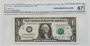 Fr. 1931 L $1 2003 Federal Reserves Note, GEM UNC 67. SERIAL Near SOLID 66666666 - Picture 1 of 1
