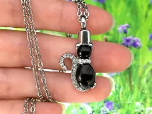 Cat Cremation Necklace Jewelry Pendant Urn Holds Ashes Black Kitty Crystal Tail - Picture 1 of 11
