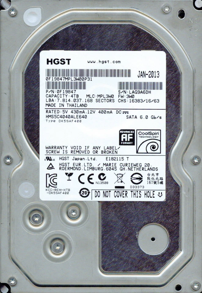 HGST SATA 4TB HMS5C4040ALE640,  P/N: 0F19847, MLC: MPL3W0 - Image 1 of 1