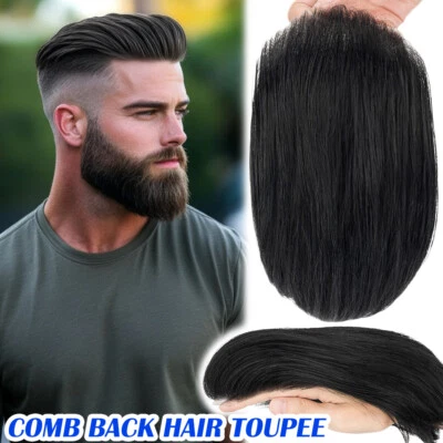 Men Toupee 100% Remy Human Hair Piece Replacement Sysment Thin Skin PU Comb Back - Image 1 of 4