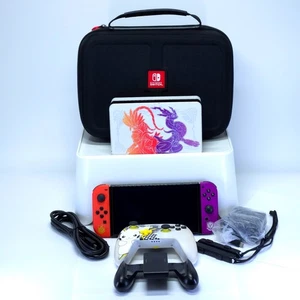 Switch OLED Console Scarlet & Violet Nintendo W/ 256GB SD + Travel Case + Extras - Picture 1 of 19