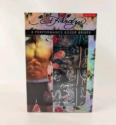 Paquete de 4 calzoncillos boxer de rendimiento Ed Hardy para hombre talla mediana gráfico multicolor NUEVO Foto 1 de 4