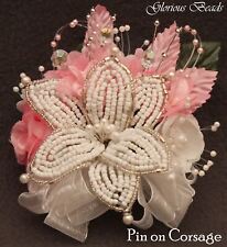 Corsage Pink  Beaded Lily with Silk Roses, Beads Rhinestones. Boutonniere Option