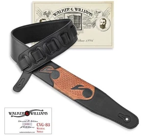 Walker & Williams CVG-83 Black Leather Padded Guitar Strap Carved Music Notes - Picture 1 of 7
