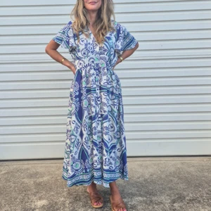 BOHO AUSTRALIA SOLARA MIDI DRESS-BLUE AND WHITE PRINT - Picture 1 of 10