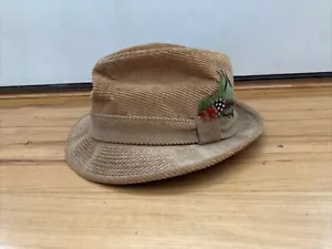 Vintage Bee Hats Custom Made Tan Brown Corduroy Fedora with Feather Men Size S/M - Picture 1 of 12