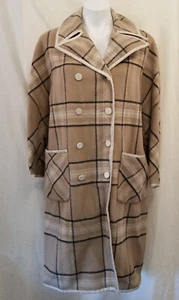 Vintage 1960s Wool Felt Natural Tan Black Tartan Plaid Jacket Coat Patch Pockets - Picture 1 of 10