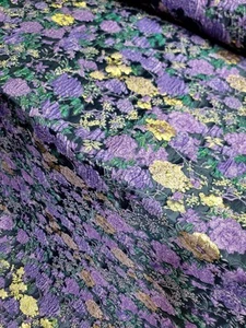 PURPLE GOLD Floral Brocade Fabric Sold By The Yard 60" W BLACK BACKGROUND - Picture 1 of 13