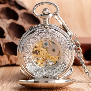 Silver Hand Winding Pocket Watch Mechanical Double Hunter Retro Chain Fob Watch - Picture 1 of 12
