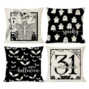 Halloween Throw Pillow Covers 20x20 Set of 4 Skeleton Bats Black Cat Ghost Fa... - Picture 1 of 7