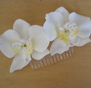 Double Cream White Orchid Silk Flowers Hair Comb,Luau, Wedding,Prom,Dance 