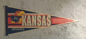 Vintage Kansas Jayhawks Full Sized Felt Red Blue White Pennant University Kansas - Picture 1 of 6