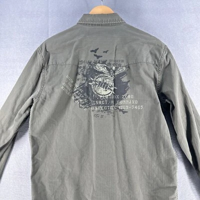 Point Zero Mens Military Button Up Shirt Medium Green Patch Long Sleeve Jacket - Image 1 of 4