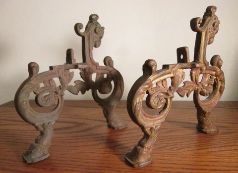 ANTIQUE BRASS ORNAMENTAL ANDIRONS ~ Architectural Salvage ~ Aged Patina Cover