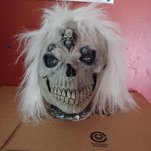 Halloween Skull Mask With Attached White Hair & Small Skull Head - Picture 1 of 5