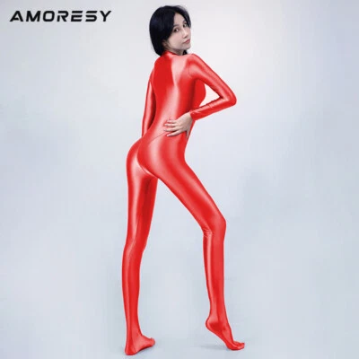 AMORESY Women Smooth Shiny Jumpsuits Long Sleeve Stretch Cosplay Sports Rompers - Photo 1/4