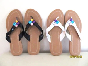 NWOB Women's Jewel sandals Black White Rhinestone Shiny Flat Flip Flops S , M - Picture 1 of 9
