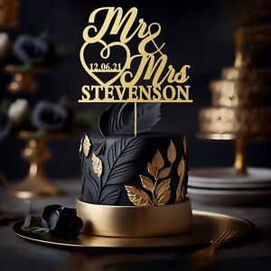 Custom Mr & Mrs Wooden & Mirror Acrylic Cake Topper Wedding Party Heart Design