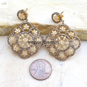 Pave Diamond Earrings Gold Vermeil 925 Sterling Silver Jewellery Birthday Gift - Picture 1 of 4