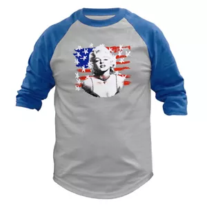 Monroe Front of US Flag cultura pop americana icona grafica manica 3/4 raglan - Foto 1 di 10