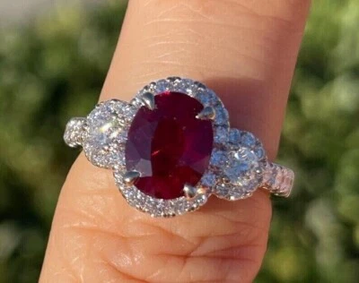 2.40Ct Oval Cut Lab Created Red Ruby Halo Engagement Ring 14k White Gold Plated - Image 1 of 4