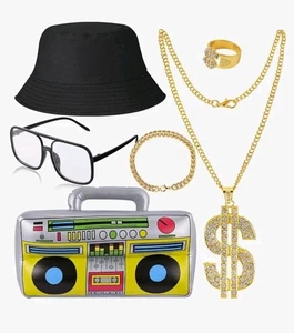 80s/ 90s Hip Hop Costume Kit with Blow Up Boom Box 6 Pieces Halloween - Picture 1 of 5