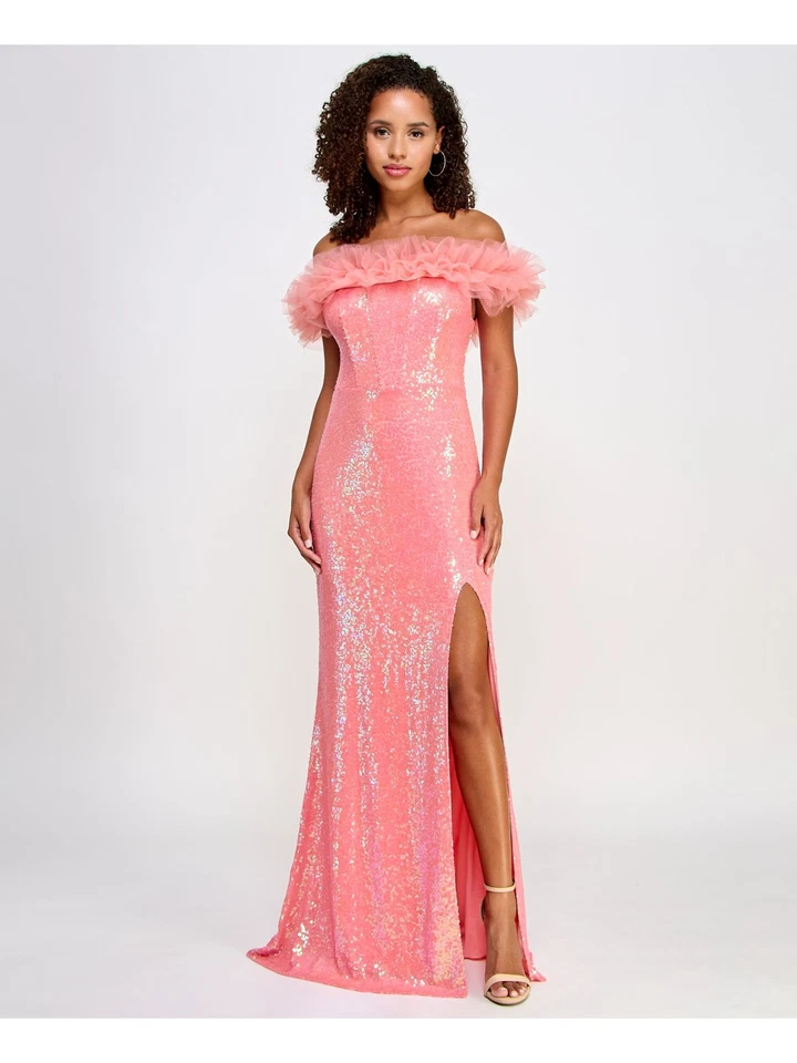 Pear Culture Womens Junior's Pink Tulle Off The Shoulder Sequin Dress Size 3/4