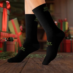 Merry Christmas Mistletoe Xmas Black Sublimation Socks - Picture 1 of 18