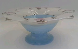 Indiana Glass Footed Baby Blue Bowl With Roses & Platinum Trim Art Deco 11.5 " - Picture 1 of 13