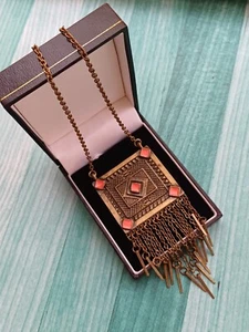 Urban Outfitters Gold & Orange Enamle Aztec/Bohemian Pendant Necklace - Picture 1 of 11