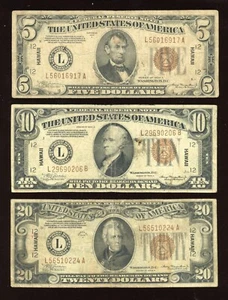 Set of $5 $10 $20 Silver Certificate Brown Seal Hawaii Emergency Notes - Picture 1 of 2