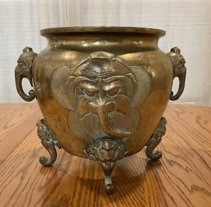 Antique Solid Brass Footed Jardiniere Planter Pot Elephant Handles & Feet 10 Lbs - Picture 1 of 13