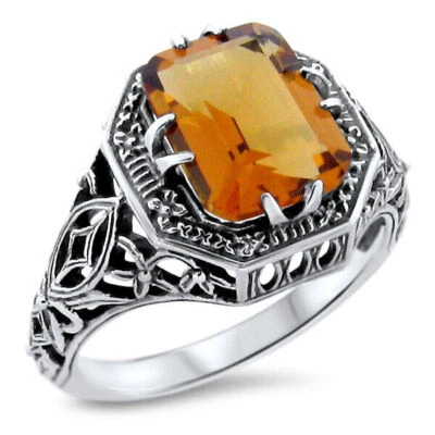 ANILLO CITRINO ESTILO ART DECO 925 PLATA ESTERLINA SÓLIDA FILIGRANA CREADO EN LABORATORIO 898Z Foto 1 de 3