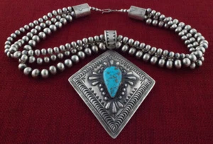 Triple Strand Sterling Silver Bead Necklace With Kingman Turquoise Pendant - Picture 1 of 4