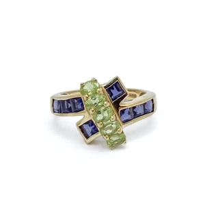 Vintage 10K Yellow Gold Peridot Sapphire Bypass Ring Size 8 Signed SCBS - Picture 1 of 8