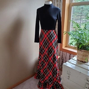 Vintage Women's Black Red Plaid Mock Neck Maxi Long Sleeve Dress Fits Size Small - Bild 1 von 8