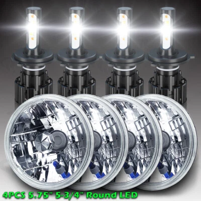 4PCS 5-3/4" 5.75 Inch Round LED 6000K White Glass Lens Headlights With H4 Bulbs - Изображение 1 из 4