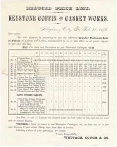 Keystone Coffins Handbill 1876 Allegheny City Pennsylvania Funeral Cemetery - Imagen 1 de 1