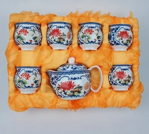Juego de té chino Jingdezhen 7 piezas tetera y 6 tazas de pared dobles flores de lirio pájaro - Imagen 1 de 8