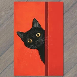 POSTKARTE Schwarze Katze Gelbe Augen Haustier Roter Hintergrund Gemälde Niedlich Spaß Katze - Bild 1 von 1