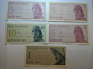 1964, 1,5 y 10, Sen Indonesia Lote de 5 billetes UNC/o valor de alto grado-17 - Imagen 1 de 7