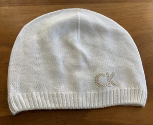 Calvin Klein CK Knit Beanie Hat Cap White Youth Small Adult Rhinestone Logo - Picture 1 of 7
